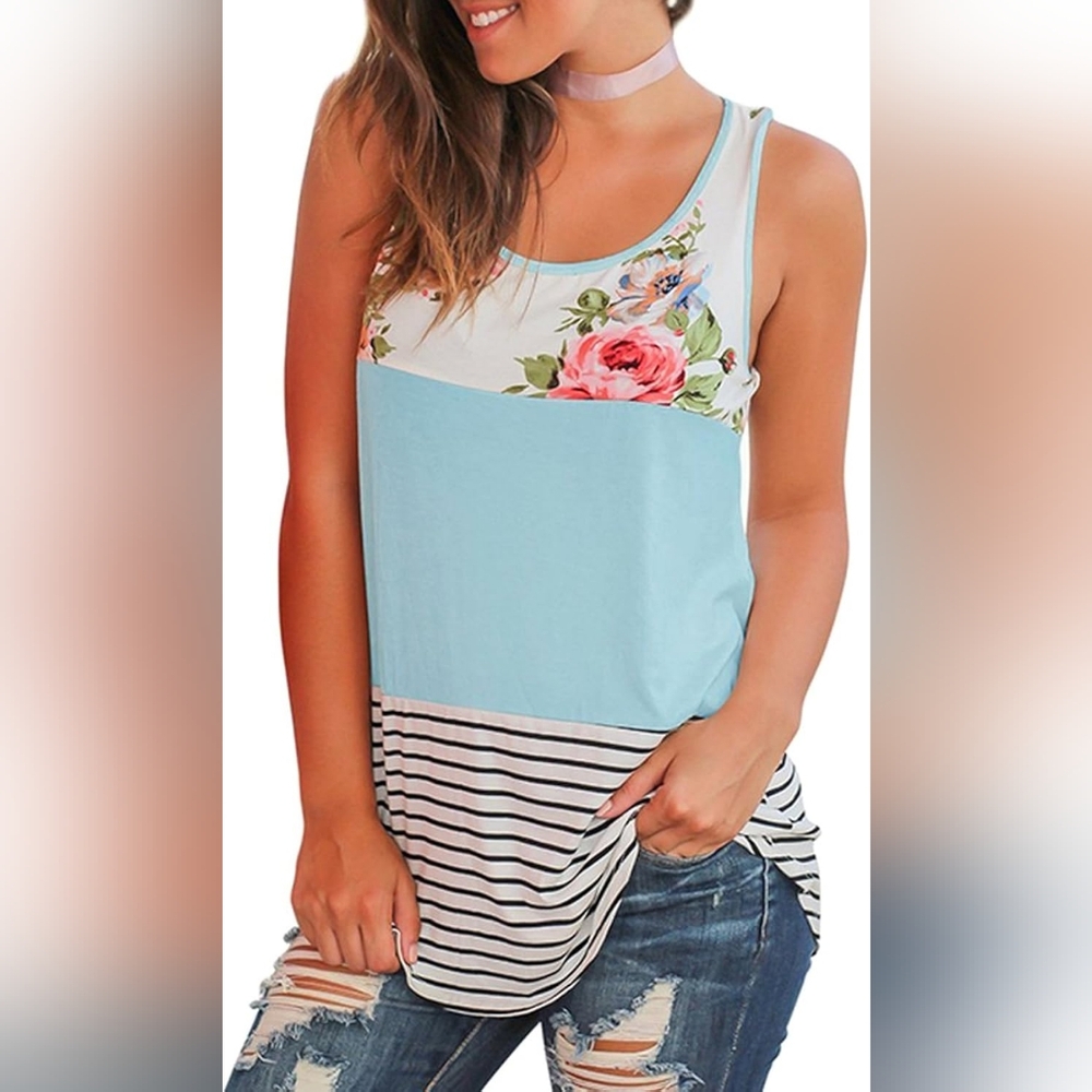 Floral and Striped Sleeveless Top Sz S